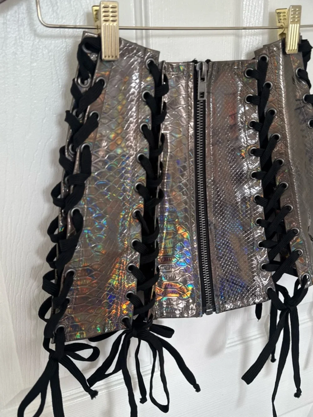 PRIDE Rainbow Holographic Lace-Up Corset Mini Skirt - Silver - Picture 3 of 9